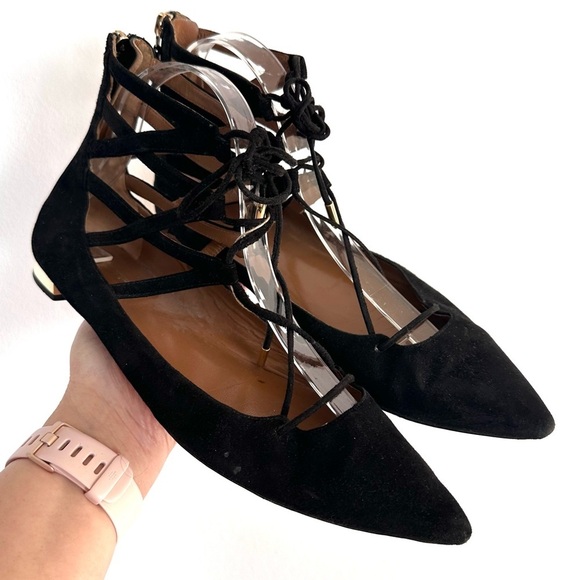 Aquazzura Belgravia Black Lace-Up Women's Flats - Picture 2 of 9